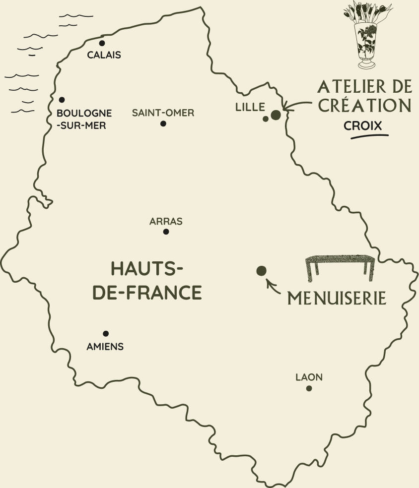 Carte des Hauts-de-France : l’atelier de création à Croix, près de Lille, et la menuiserie